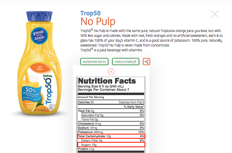 Nutrition facts for Trop50 No Pulp