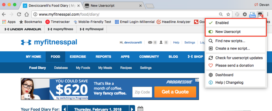 MyFitnessPal new userscript for browser