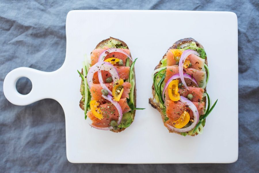 smoked salmon and veggies on toast