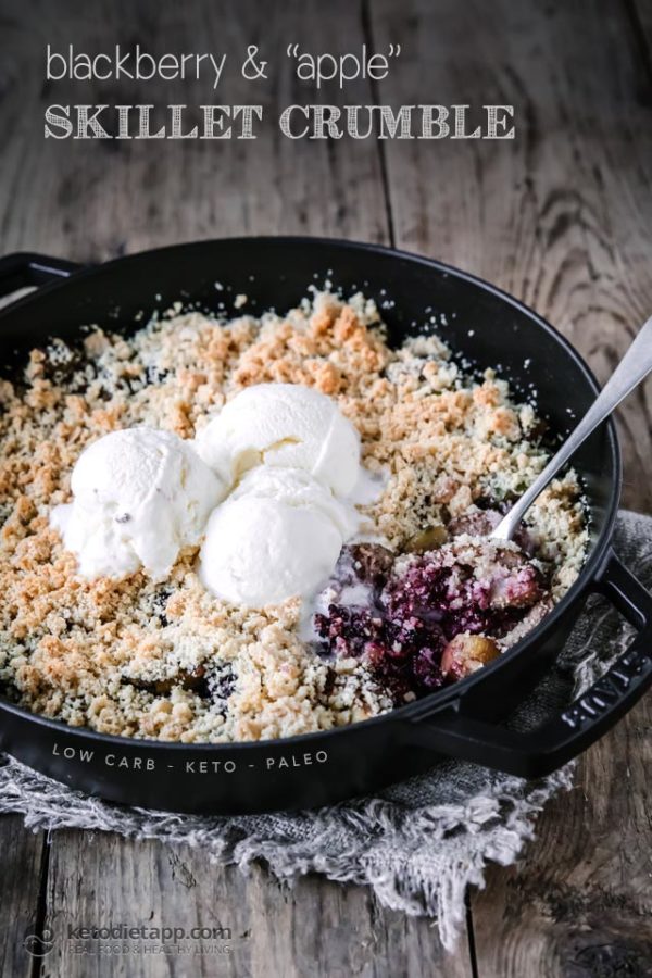 keto breakfast no eggs: blackberry and "apple" skillet crumble